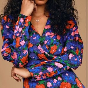 Eva Cobalt Blue Floral Print Puff Sleeve Mini Dress
